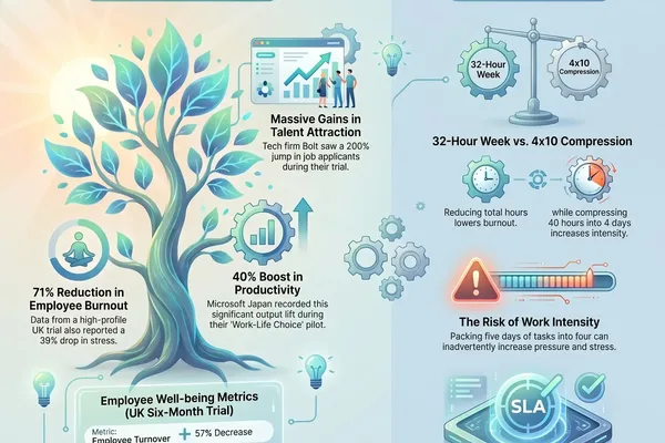 Infographic details strategies for a four-day workweek