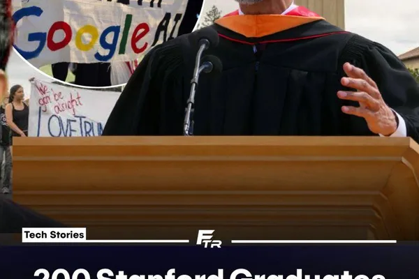 Students protest Google ties at Stanford graduation during Pichai speech