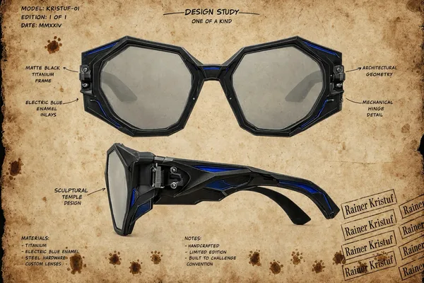 AI designs angular eyewear with titanium and blue enamel accents