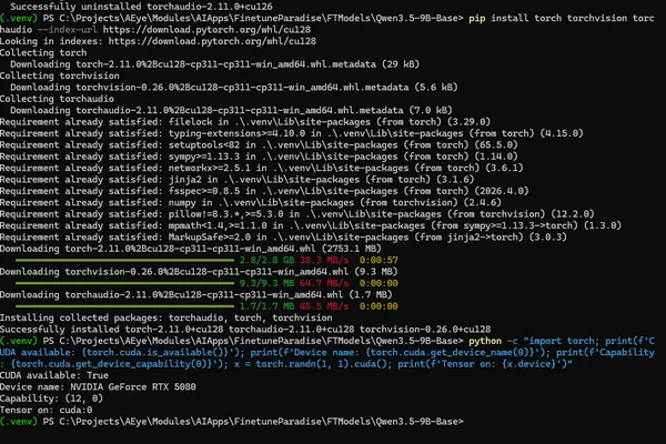 Gemini aids user in RTX 5080 PyTorch fine-tuning setup