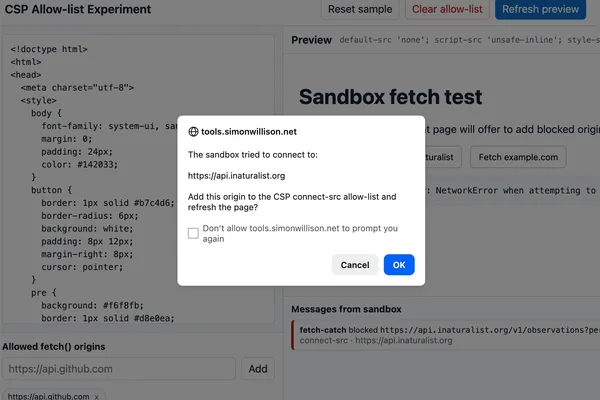 Simon Willison bypasses CSP with GPT-5.5 in Codex app