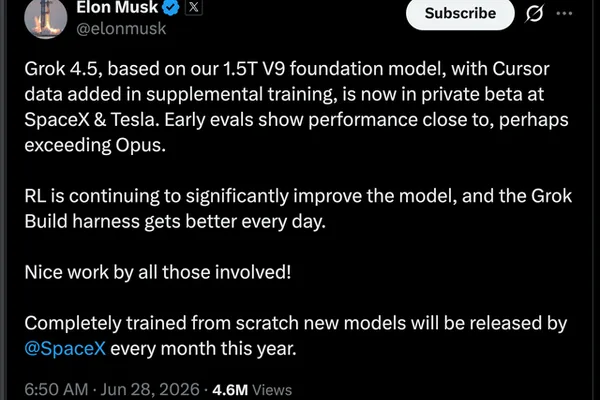 Elon Musk plans monthly foundational model releases starting with Grok 4.5