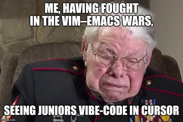Social media post discusses AI, Vim, and Emacs
