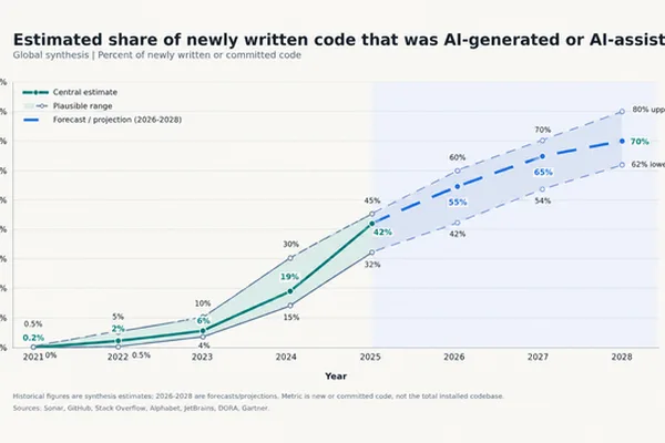 AI-generated code share surges, expected to hit 55% by 2026 · 2 sources tracked