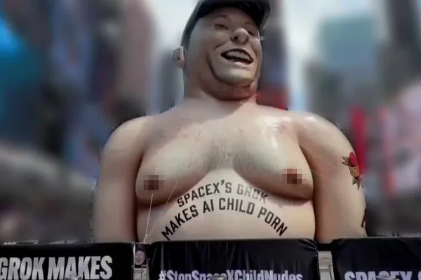 Elon Musk inflatable protests Grok AI's alleged child pornography generation