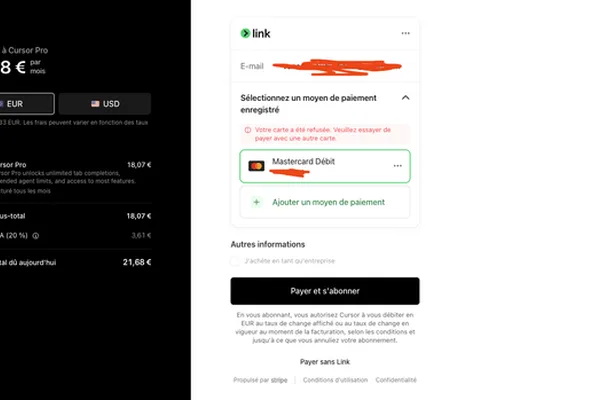 Cursor Pro payment issues reported by user