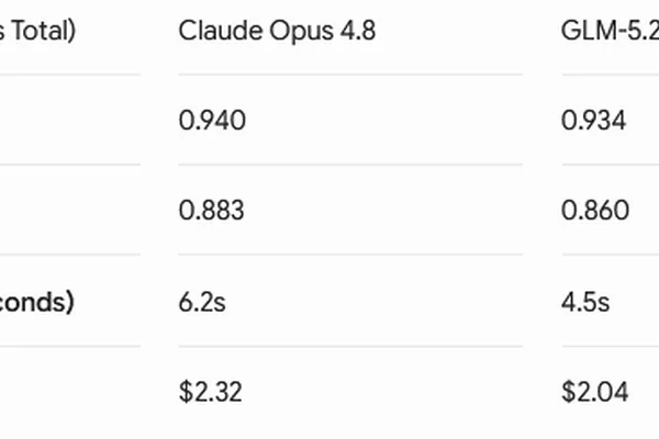 GLM-5.2 benchmarks favorably against Claude Opus 4.8 on cost-effectiveness