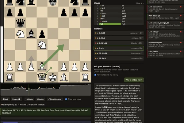 Developer builds open-source Claude-powered chess coach grounded by Stockfish