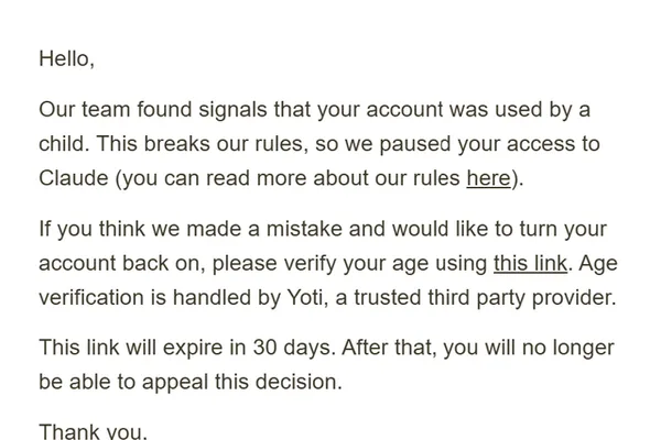 Anthropic bans user over age verification issues, prompting switch to other AI