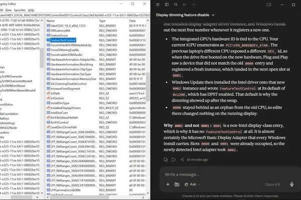 Claude AI directly edits registry to fix user's computer dimming issue