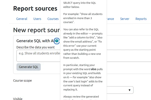 Moodle plugin uses LLM to generate SQL for reports