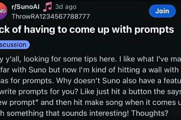 Suno AI music generation prompts spark humorous take on creative ennui